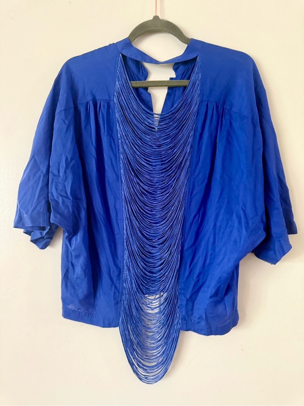Twik Simons Royal Blue Washed Satin Oversized Fringe Open Back Blouse - Picture 2 of 4